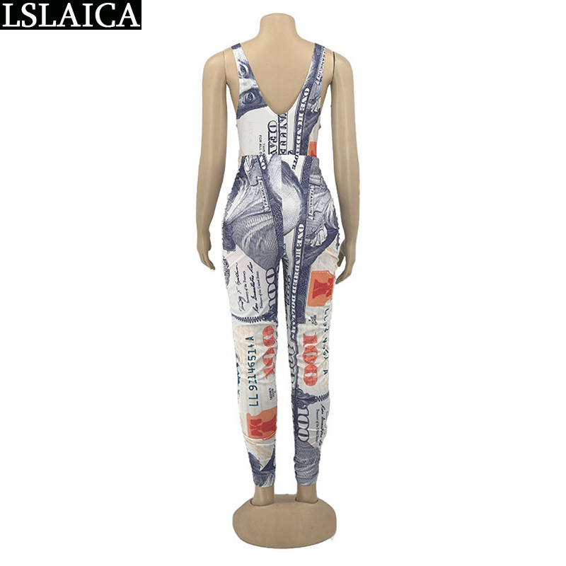 Jumpsuit Women Dollar Print Sleeveless O Neck Bodycon Bodysuit Summer Sexy Romper Fashion Outfit Club Outfits 210515