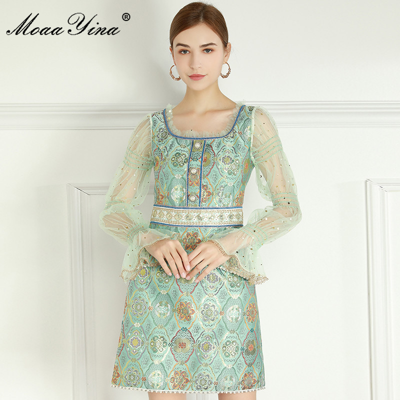 Fashion Designer dress Spring Women' Dress Square Collar Mesh Puff Sleeve Beaded Indie Folk Jacquard Slim Dresses 210524, Turquoise
Fashion Designer dress Spring Women' Dress Square Collar Mesh Puff Sleeve Beaded Indie Folk Jacquard Slim Dresses 210524, Turquoise