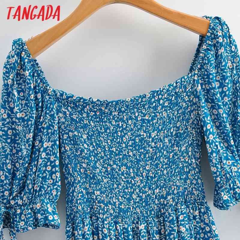 Summer Women Off Shoulder Blue Floral Square Neck Short Sleeve Ladies Mini Dress Vestidos 1F98 210416