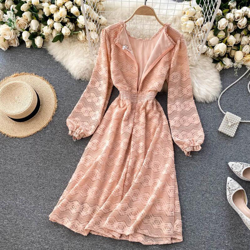 Elegant Party Dress Women Sweet Lotus leaf collar Slim Lace Dress Long Sleeve High Waist Ladies Midi Dress Vestidos 210521