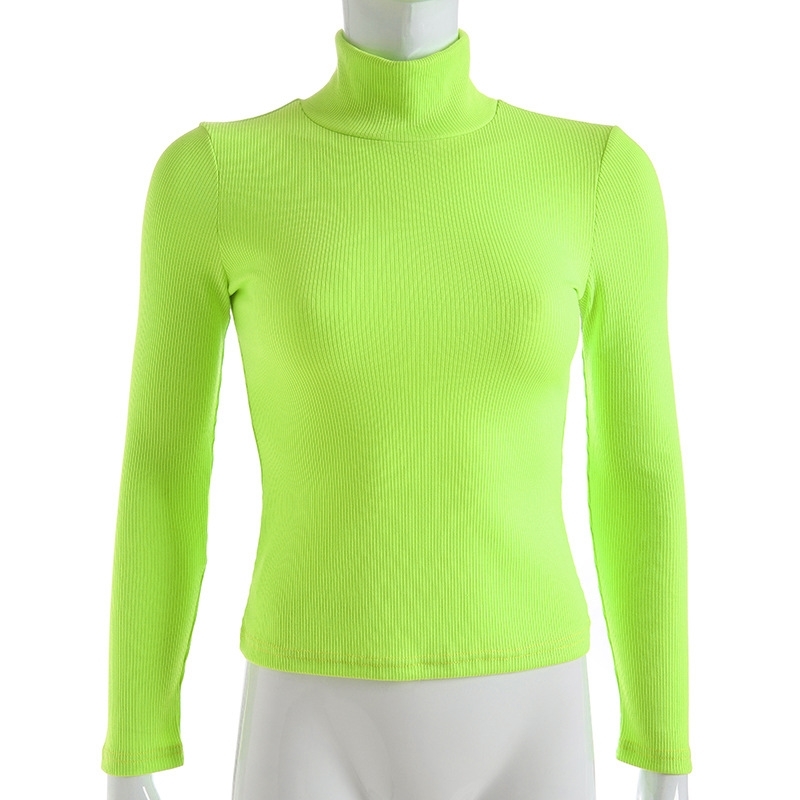 Solid Color Harajuku Turtleneck Cotton T Neon Yellow Green Knitted Crop Long Sleeve Korean Style Top Tee Shirt Haut Femme 210406