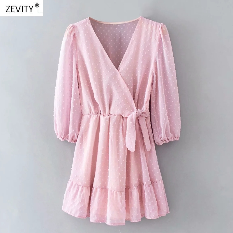 New Women elegant cross v neck bow tied chiffon vestido hem ruffles mini Dress autumn ladies elastic waist kimono Dresses DS2893 210409