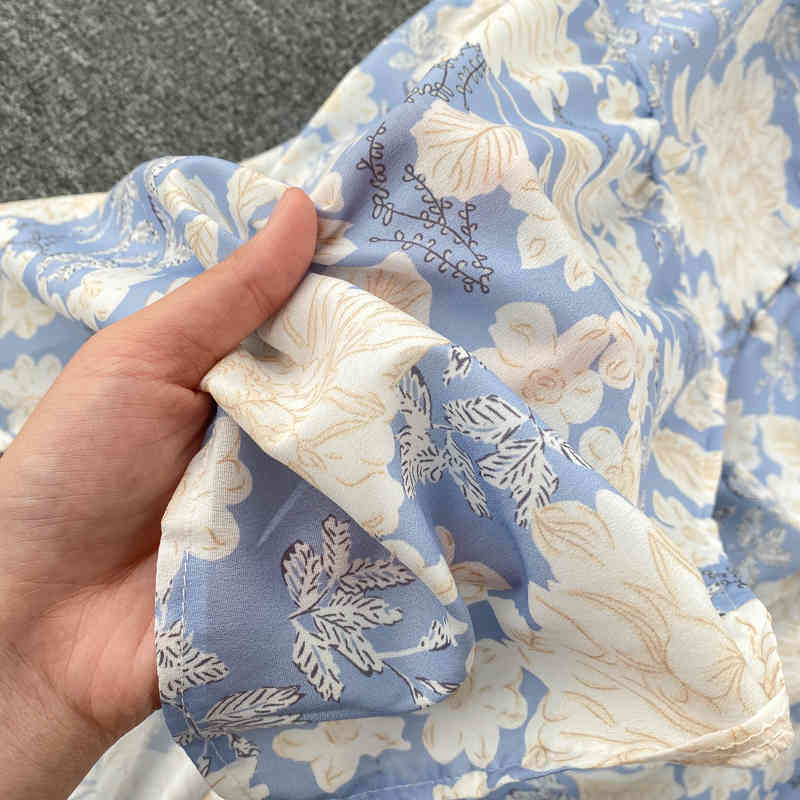 FMFSSOM Summer Spring Floral Printed V-neck Single Breasted Puff Sleeve Women Female A-line High Waist Midi Dress 210329