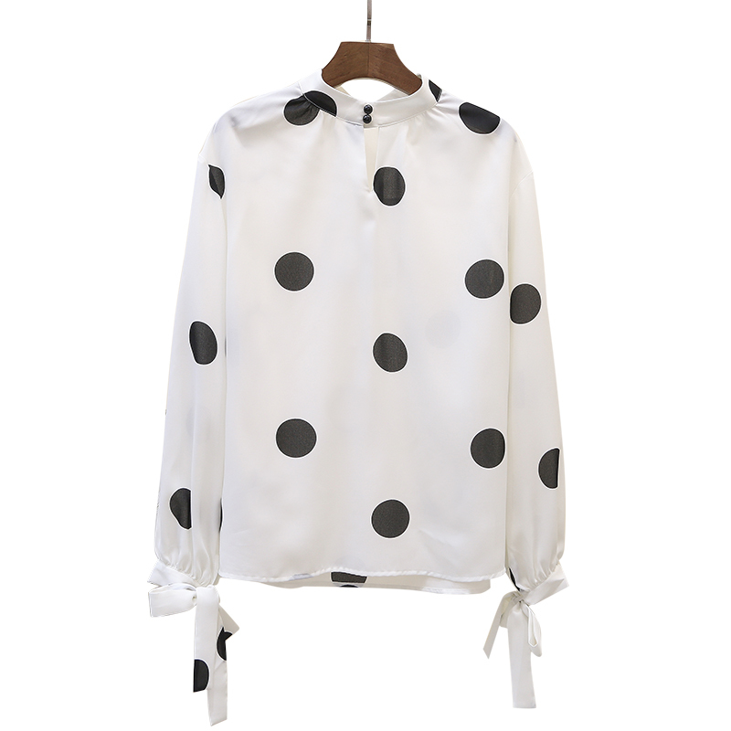 Woman Autumn Belt Stand Collar Elegant Women Blouses Wave Point Chiffon Shirt Loose Korean Long Sleeve 6685 50 210508