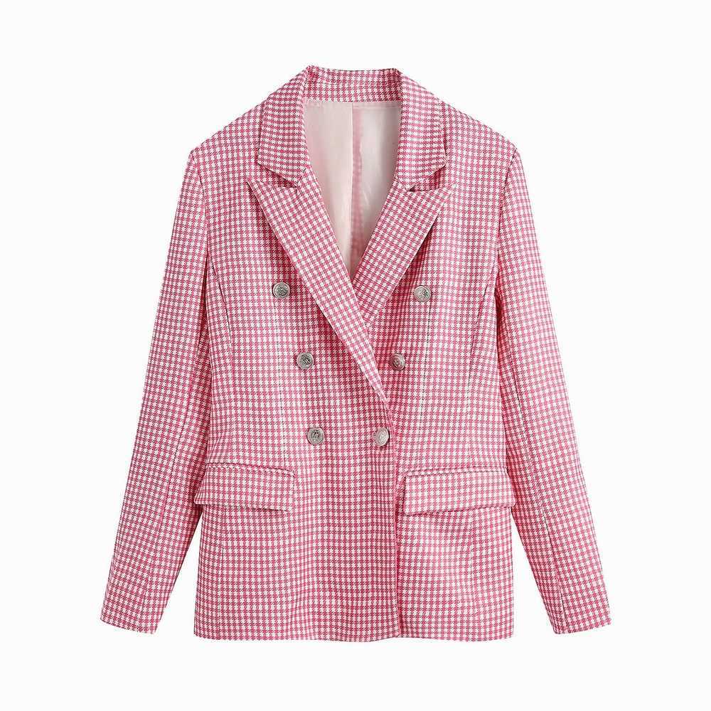Women Blazer Autumn Fashion Houndstooth Double Breast Coat Office Lady Suit Top 210602