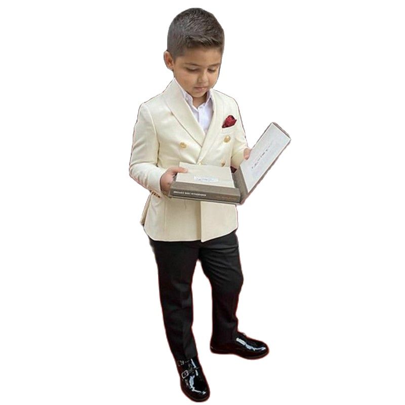 Customize Ivory Jacket Black Pants Flower Girls Dresses Shawl Collar Boys Attire Costume Homme Boy Suits Formal Kid Tuxedos