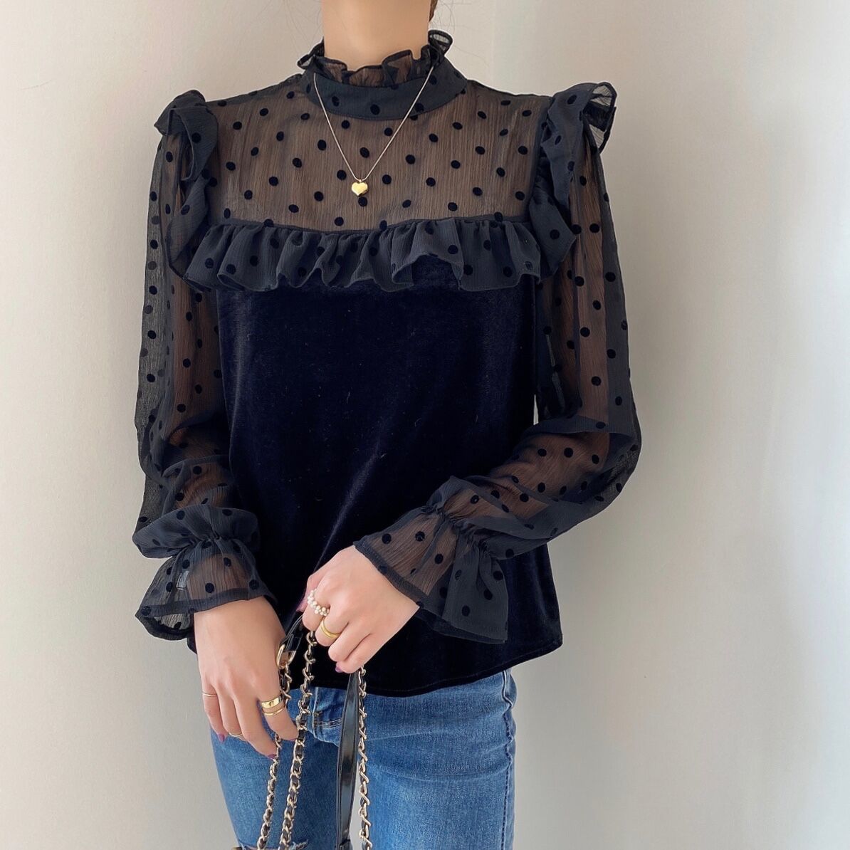 Polka Dots Mesh Work Wear Stylish Blouse Brief Office Lady Basic Elegance Patchwork Women Slim Gentle Shirts 210421