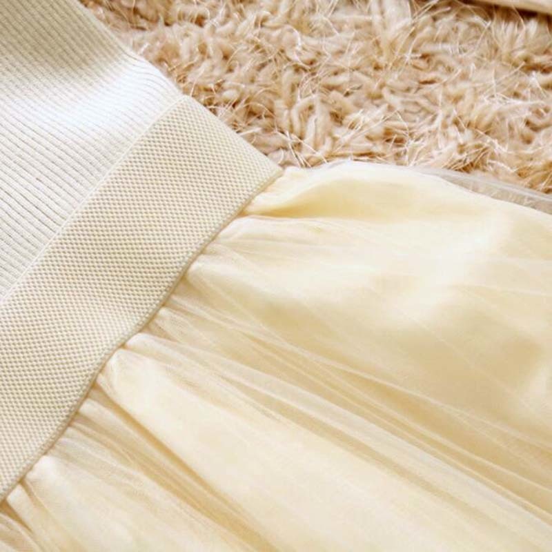 Women Knit Dress Autumn Winter O-Neck Long Sleeve Knitted Patchwork Mesh Dresses Female Elegant Fluffy Dress Vestidos 210521