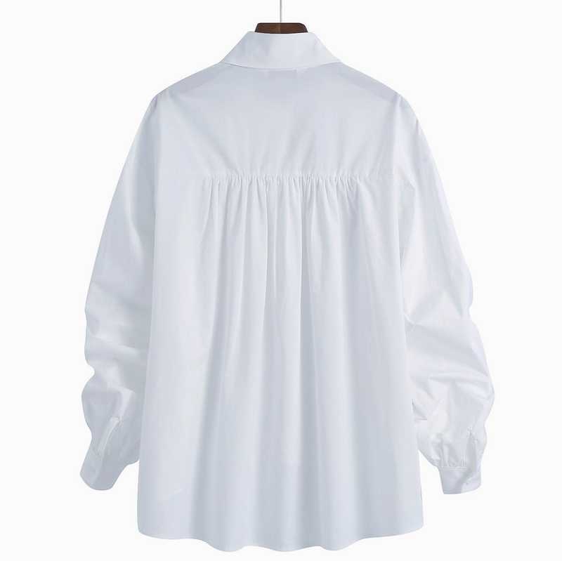 Women White Shirt Spring Fashion Full Sleeve Bow Collar Modern Lady Wide Blouse Top 210602