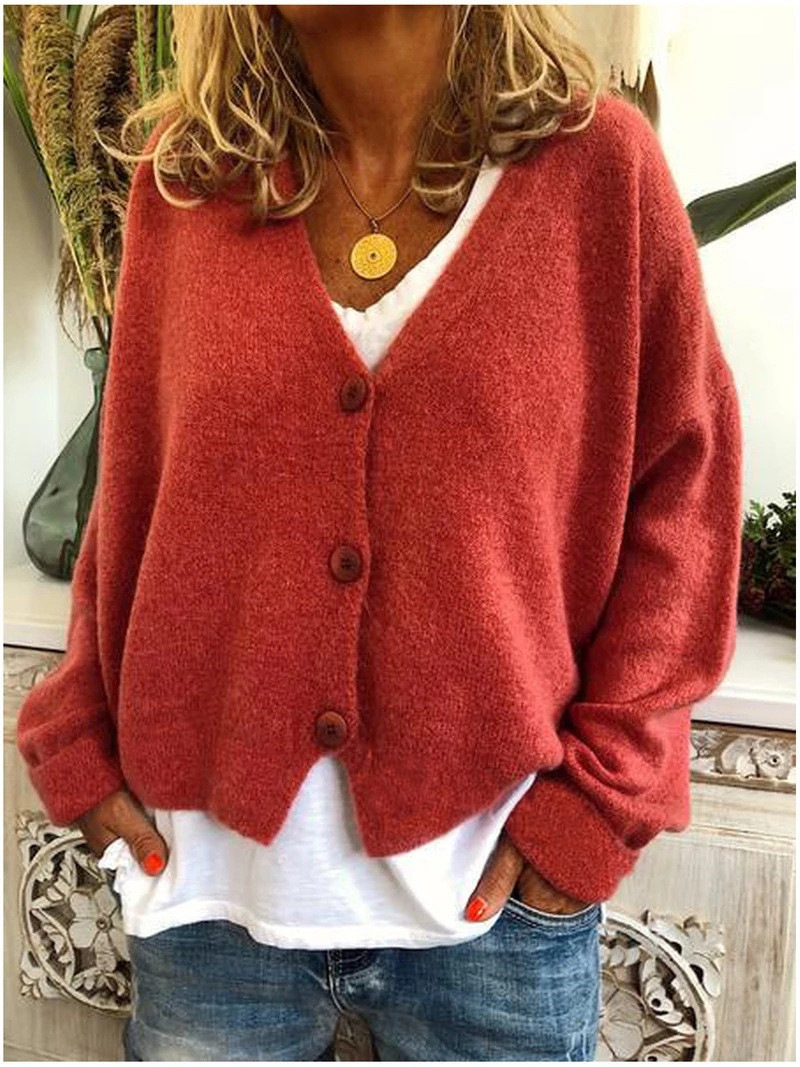 Women's Casual Fashion Solid Color Short Sweater Knitted Cardigan Autumn Winter Loose Long Sleeve Jacket Top Plus Size 210522