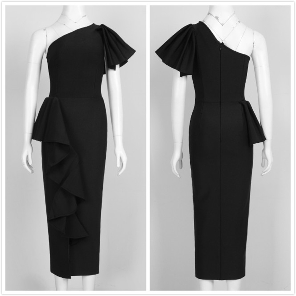 Free Women Ruffled Bandage Dress Sexy Slant Collar Sleeveless Bodycon Split Club Runway Party Midi 210524