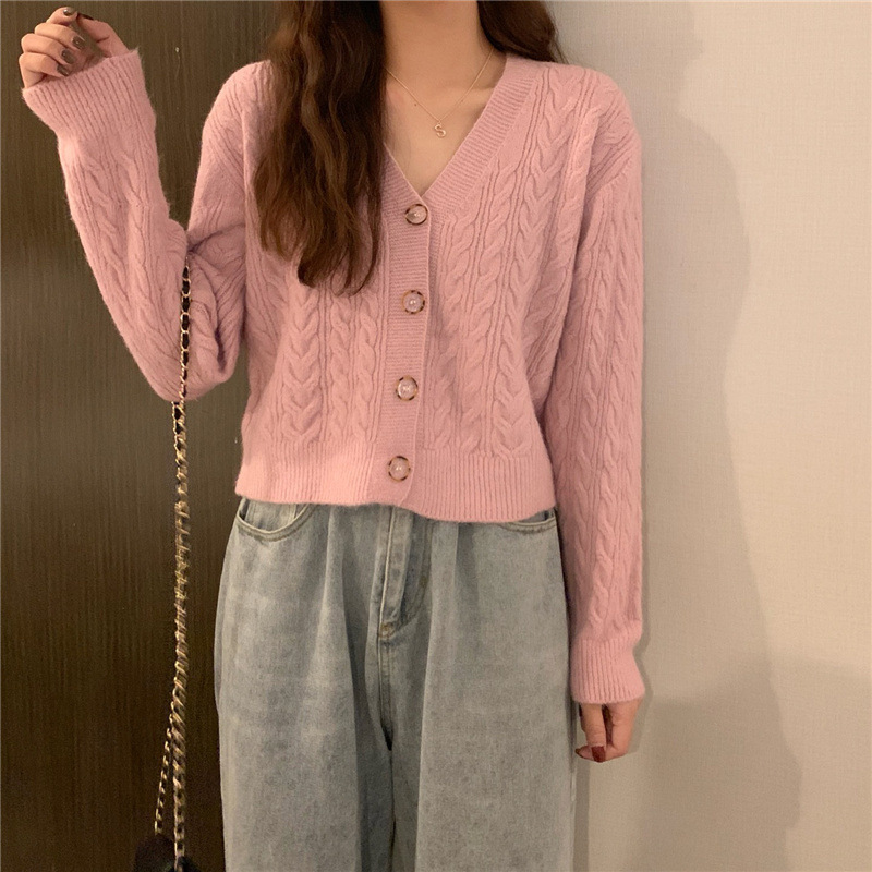 autumn and winter cardigans women solid loose v-neck all-match twist long-sleeved sweater coat 210427