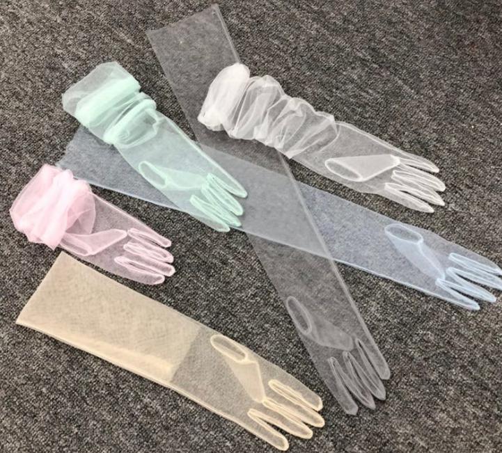 2021 Long Sheer Tulle Gloves Wedding Bridal Gloves Elbow Long 9 Color Photo Shooting Accessory Holiday DIY Gloves