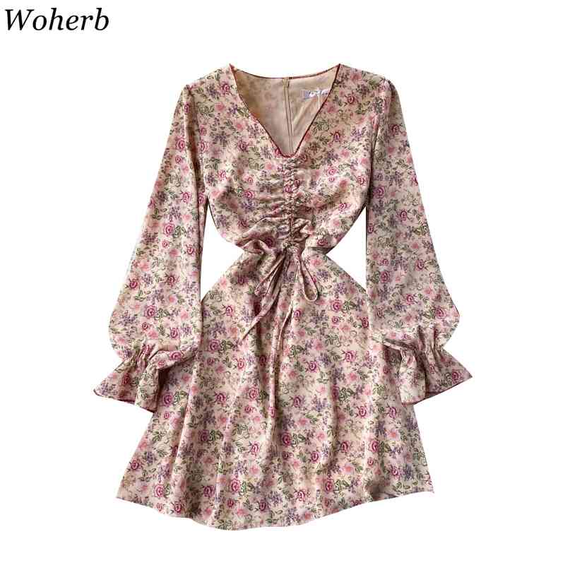 Floral Dress Woman Spring Robe Drawstring Pleated Slim Vestidos Mujer V-neck Sweet Vintage Dresses Women Clothing 210422