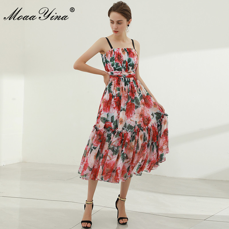 Women's Summer Sexy Spaghetti Strap Dress High waist Floral print Vacation Bohemian Ladies Chiffon Midi 210524