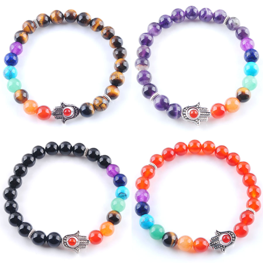 WOJIAER 8mm Natural Stone Round Beads Palm Bracelets Strands 7 Chakra Healing Mala Meditation Prayer Yoga Women Jewelry BK328