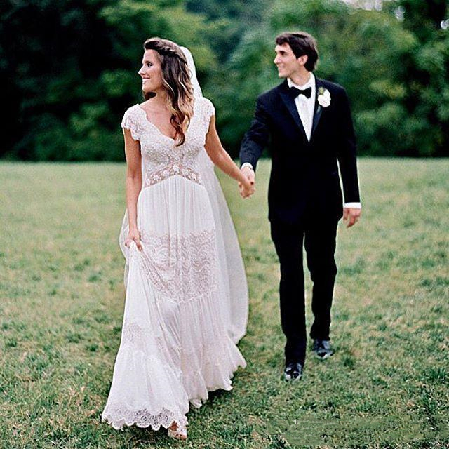 Bohemian A Line Wedding Dress Sexy V Neck Backless Long Boho Beach Bridal Gowns Appliques Lace Chiffon Plus Size Bride Wedding Dresses 2022
