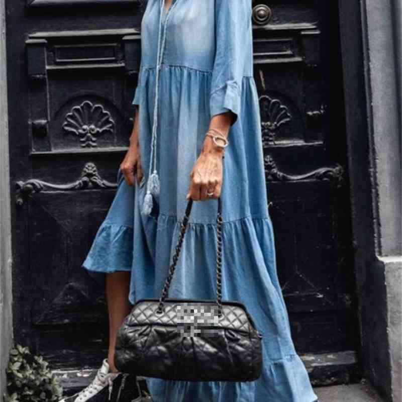 Women Dress Ruffles V-neck Vintage Denim Dresses Plus Size Loose Casual Long Suumer Blue Clothes 210524