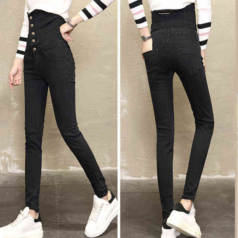Women Elastic High Waist thin abdomen blue black Skinny Stretch jeans female boyfriend mom Jeans washed denim pants plus size 36 211129