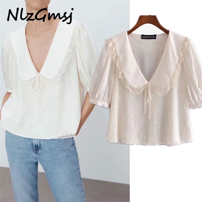 

Blouse Women Short Puff Sleeve Jewel Button Vintage Top Woman Peter Pan Collar Chic Shirts Tops 03 210628, As picture