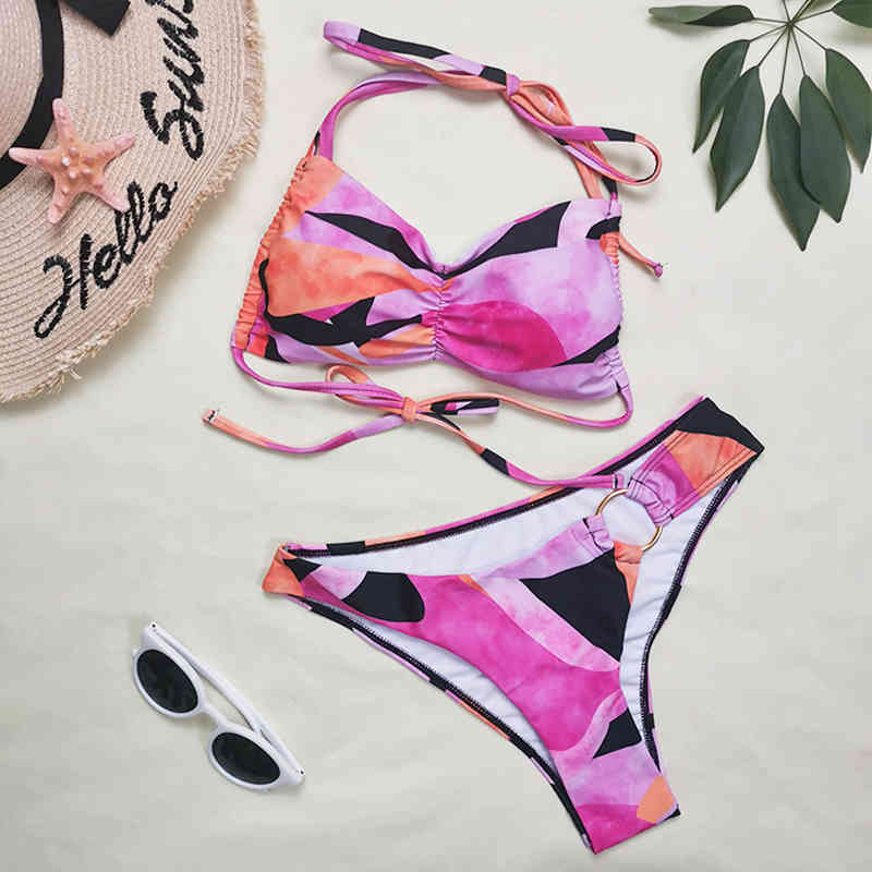 Sexy Print Bandeau Bikini High Waisted Swimwear Women Push Up Bathing Suit Cut Beach Wear Brazilian Biquini 210520