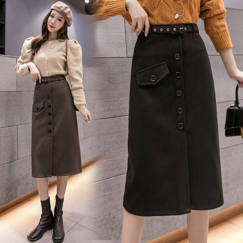 Autumn Korean Wool Vintage Midi Skirt A-Line Button s Womens Winter Black Casual Long Faldas Mujer 12133 210512