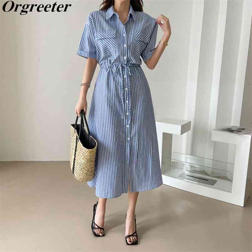 Korean Casual Chic Curled cuffs Drawstring Blue Striped Shirt Dress for Women Summer Lapel Short Sleeve Loose Long 210602
Korean Casual Chic Curled cuffs Drawstring Blue Striped Shirt Dress for Women Summer Lapel Short Sleeve Loose Long 210602