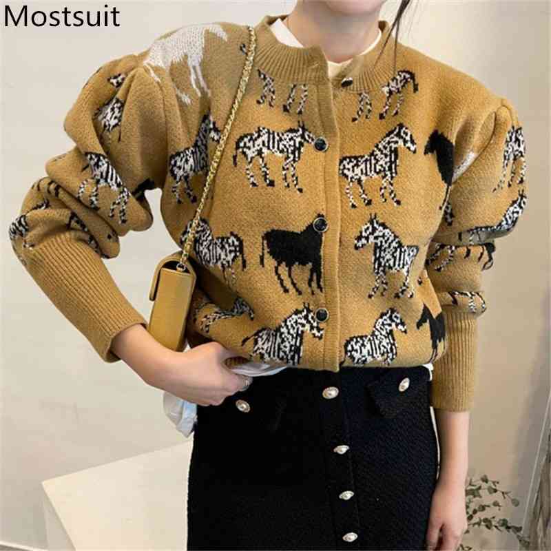 Zebra Knitted Single-breasted Women Cardigan Sweater Spring Autumn Full Sleeve O-neck Korean Vintage Elegant Fashion Jumper 210514