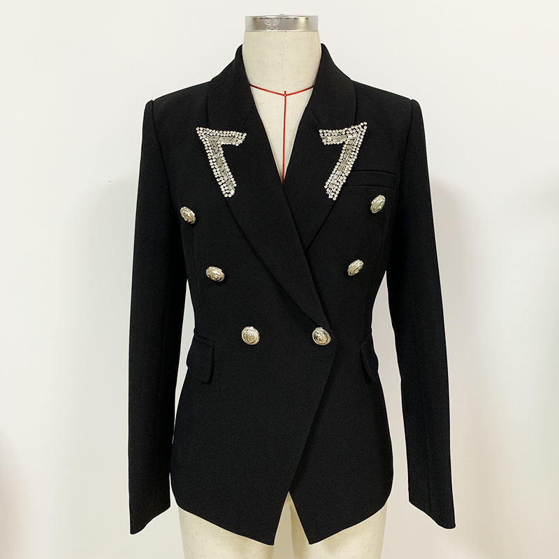 HIGH STREET Blazer Women's Strass Beading Collar Double Breasted Lion Buttons Jacket 210521