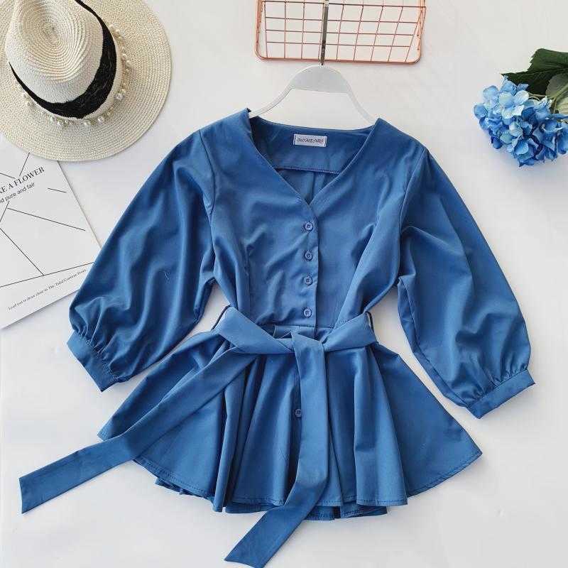 Women Pure Color V Collar Half Sleeve Single Breasted Slim Waist Casual Shirt Blouse Camisas Mujer Harajuku Shirts Tops E486 210527
