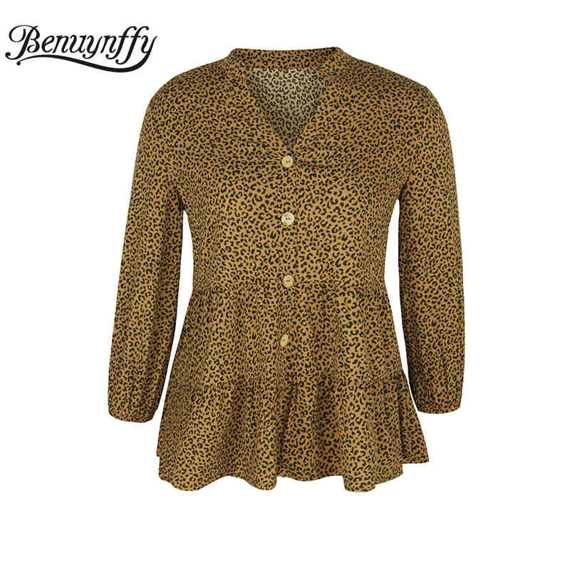 Leopard Print Frill Trim Office Top Women Spring Autumn V Neck 3/4 Sleeve Elegant Button Ladies Tops and Blouses 210510