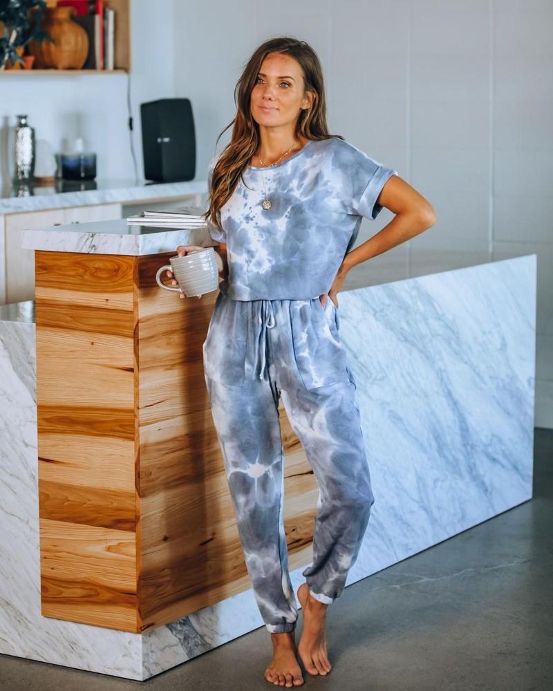 Love Aing 2021 Summer Women's Tie-dye Printing Pajamas Casual Short-sleeved Drawstring Nine-point Pants Suit Home Service Two Piece Dress
