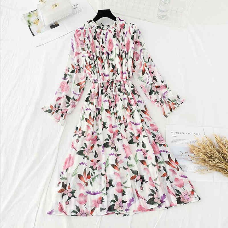Spring Autumn Floral Print Dress Women Casual Long sleeve Ruffles Chiffon Dress Sweet Pleated Midi Long Dress Vestidos 210521