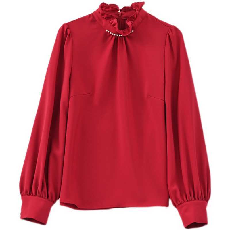 Korean Silk Women Blouses Woman Satin Beading Shirts Long Sleeve Shirt Tops Plus Size Ruffles Top 210604