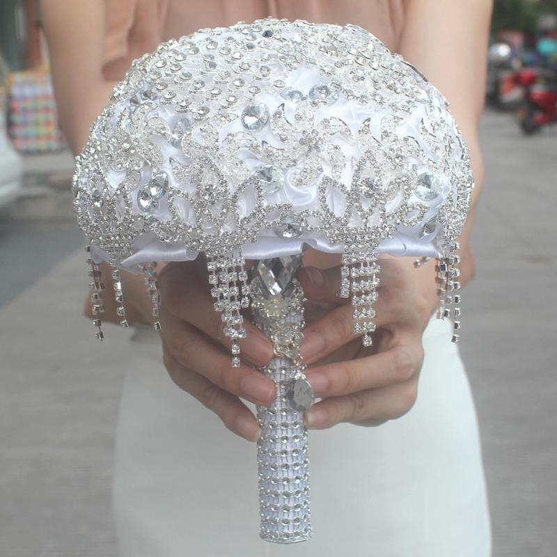 Luxury Handmade Diameter 18CM Wedding Bouquet Silver Plated Crystal Rhinestone Brooches Jewelry Bridal Hand Flower Decorative Flowers & Wrea