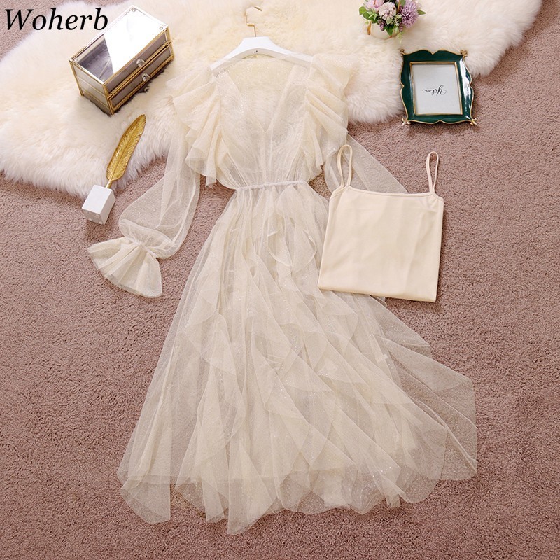 Dresses Women Spring Irregular Dress V-Neck Flare Sleeve Gauze Femme Roupas Korean Suit Sling Base Two-piece Set Vestidos 210519