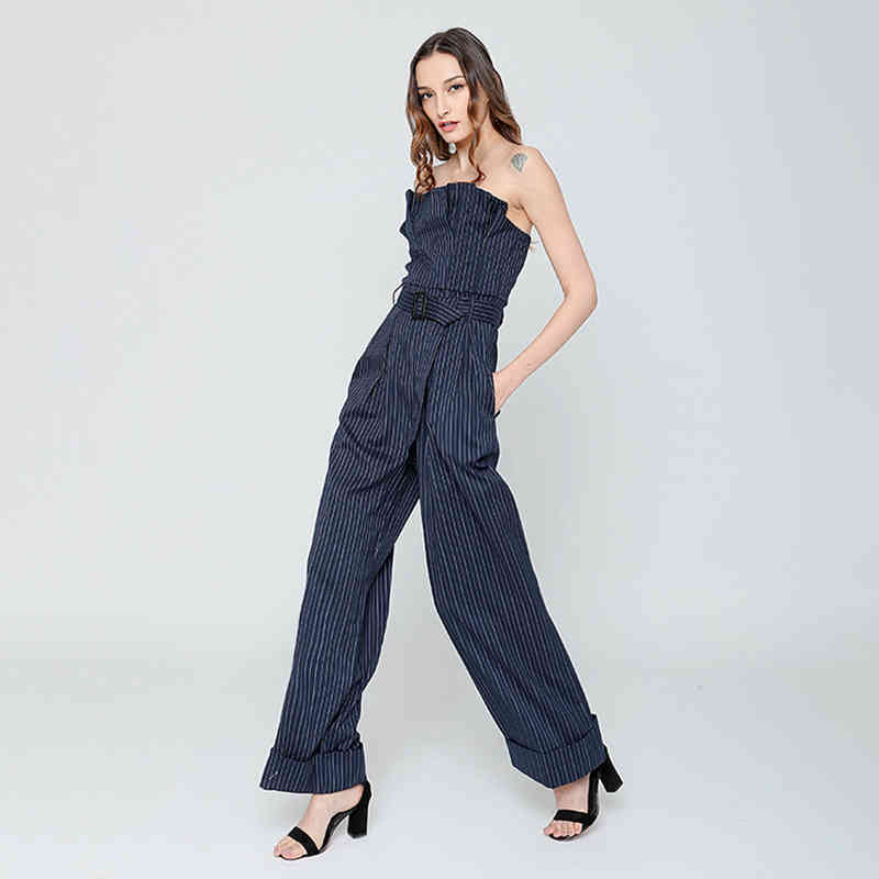 TWOTWINSTYLE Casual Striped Jumpsuit For Women Strapless Sleeveless High Waist Wide Leg Pants Female Jumpsuits Spring Tide 210428