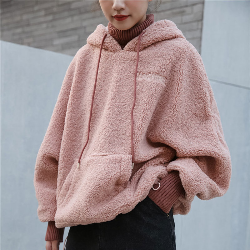 Autumn Winter Korea Fashion Women Long Sleeve Casual Hooded Pullovers Thicken Warm Loose Pink Hoodies high quality V13 210512