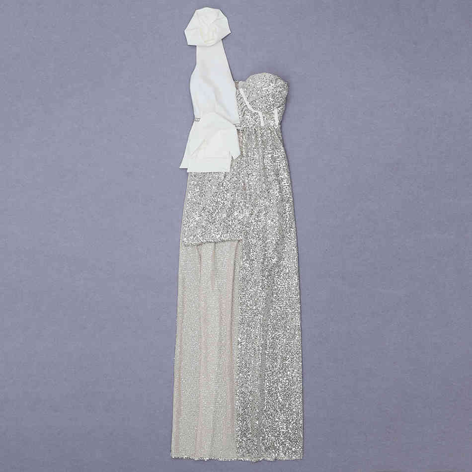 Free Silver One Shoulder Sequin Dress Women Sexy Bodycon Draped Long Club Celebrity Party Vestidos 210524