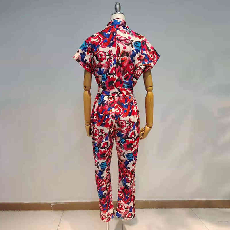 Casual Print Jumpsuit For Women Lapel Short Sleeve High Waist Lace Up Wide Leg Pants Loose Hit Color Jumpsuits 210521