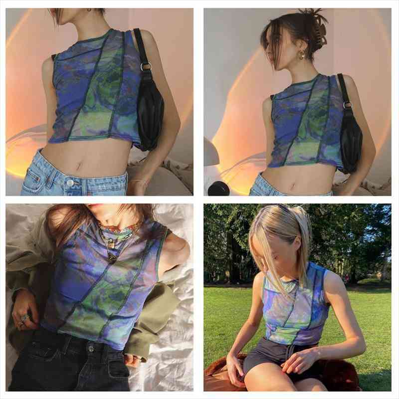 womens sleeveless sheer mesh tank y2k e-girls tie dye print patchwork slim fit short style tank, White
womens sleeveless sheer mesh tank y2k e-girls tie dye print patchwork slim fit short style tank, White
