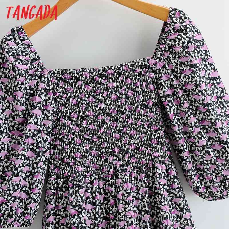 Summer Women Print Strethy Puff Short Sleeve Ladies Mini Dress Vestidos 1F57 210416