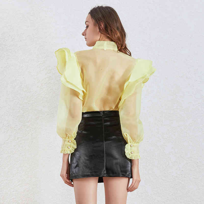 Elegant White Spring Blouse For Women Stand Collar Lantern Long Sleeve Patchwork Ruffle Casual Shirt Female Fashion 210524