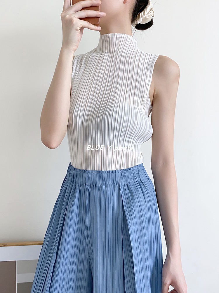 Classic Miyake Pleated female basic models wild I-shaped turtle neck women sleeveless temperament T-shirt vest aesthetic clothes 210406