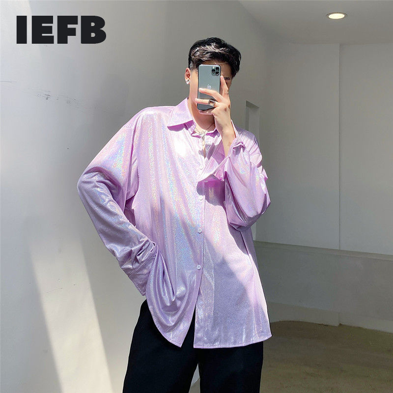 IEFB Men's Wear Oversized Spring Long Sleeve Violet Shirts Spring Blouse Shiny Color Tops Fashion Streetwear 9Y5423 210524