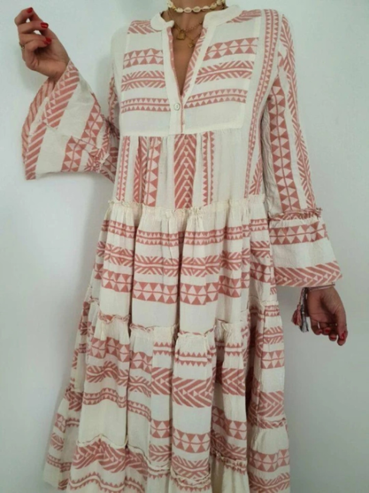 Women Dress Sexy Long Print Maxi V Neck Flare Sleeve Bohemia es Loose Casual Plus Size Summer Beach es 210524