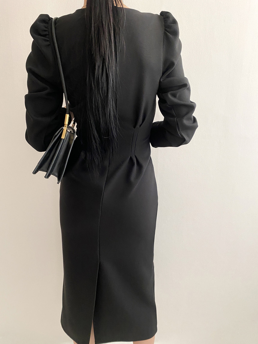 Fashion V-neck High Waist Women Dress Vintage Puff Sleeve Pleated Pencil Dresses Female Korean Chic Long Vestido De Mujer 210519