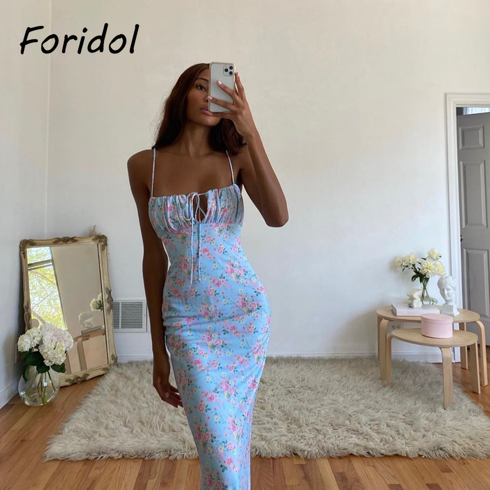 Foridol Floral Print Summer Dress Strap Lace Up Sleeveless Blue Long Beach Boho Bodycon Pary French 210415