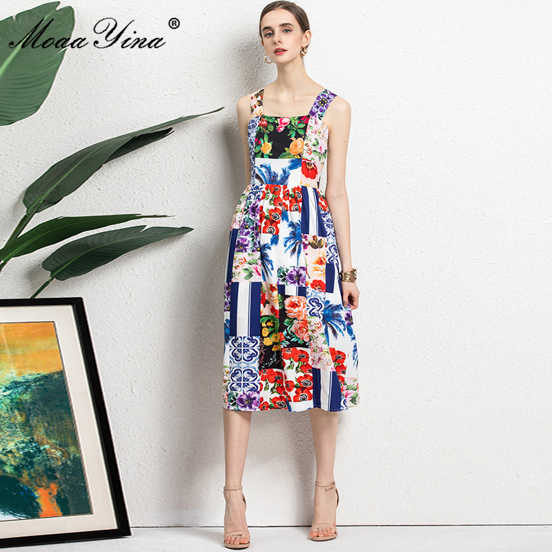Summer Runway Bohemian Vacation Dress Women's Spaghetti Strap Floral print Elegant Midi 210524