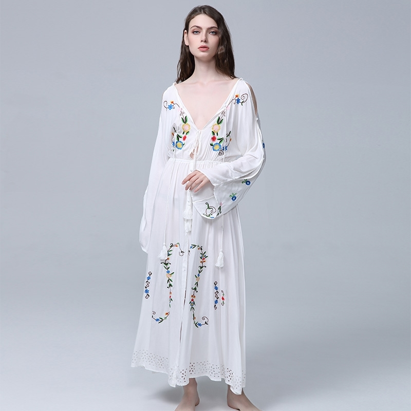 Arrival Floral Embroidery White Bohemian Dress Female Colorful Three-Dimensional Long Dresses Vestidos 210520